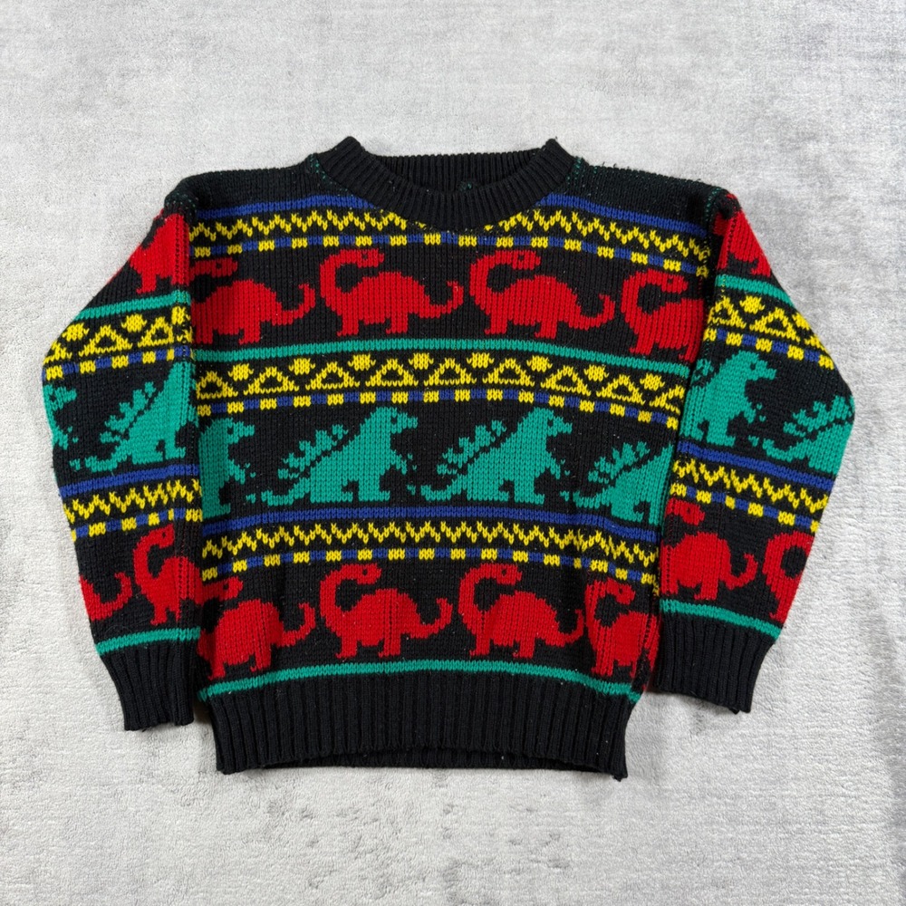 Miri Dinosaur Knit Sweater Kids 6X Black Vintage Fair Isle Ski Knit Pullover